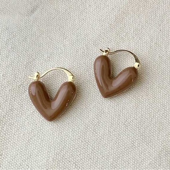 Brown and Gold Tone Heart Hoop Earrings (waterproof) - Picture 1 of 2